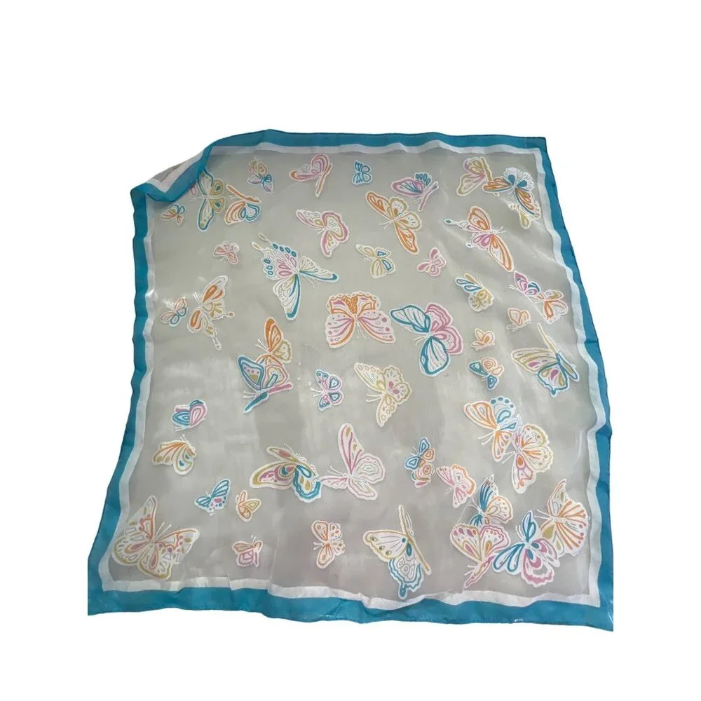 Vintage 70s Sheer Butterfly Square Scarf Light White Blue Neck Wrap Blue White